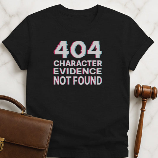 funny lawyer graphic tee that says 404 Character Evidence Not Found featuring in glitchy text in black