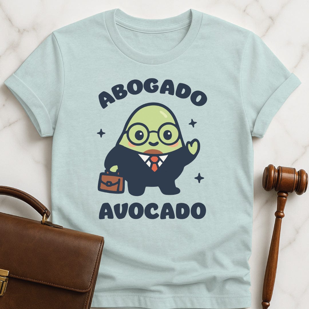 funny lawyer graphic tee that says Abogado avocado featuring kawaii avocado dressed as a lawyer in heather blue