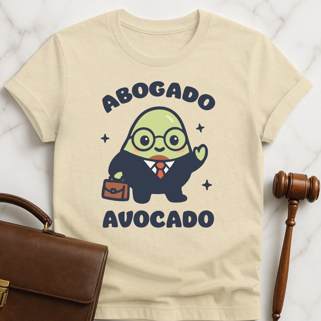 funny law school graduate graphic tee that says Abogado avocado featuring kawaii avocado dressed as a lawyer in cream