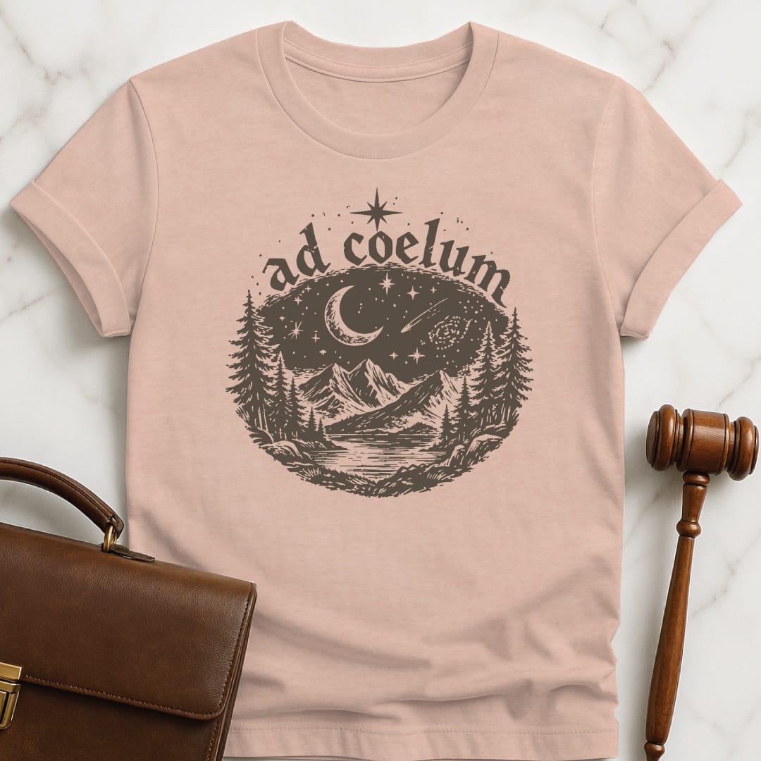 trendy lawyer graphic tshirt that says ad coelum featuring night sky in heather peach
