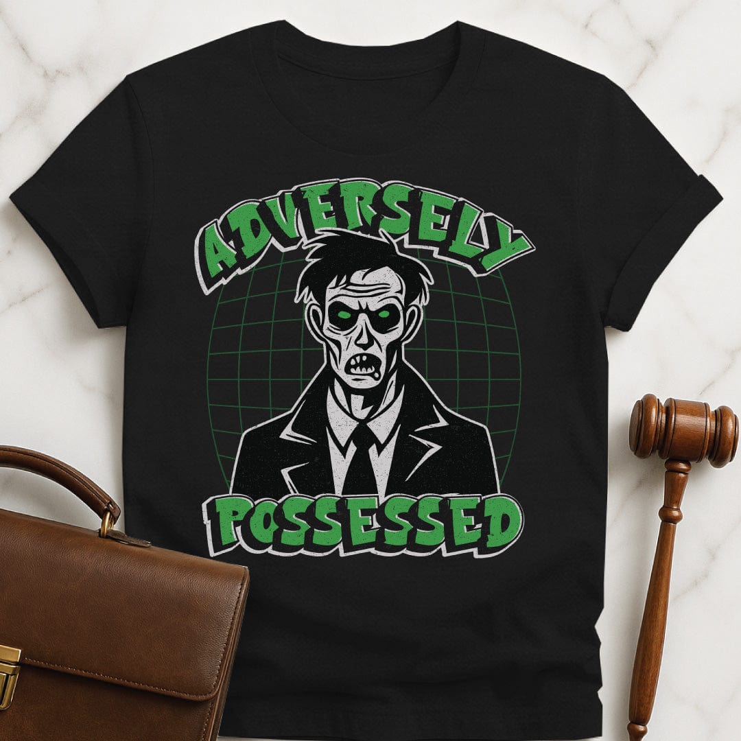 funny law school graphic t shirt that says adversely possessed featuring a zombie in black