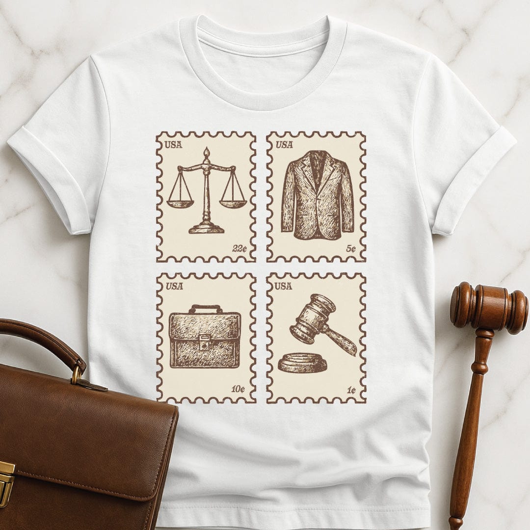 cute lawyer t shirt featuring antique vintage style stamps of brief case scales of justice gavel and a suit jacket in white