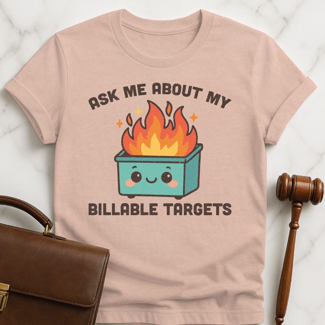 cute new lawyer graphic t shirt that says ask me about my billable targets featuring a cute dumpster fire in heather peach