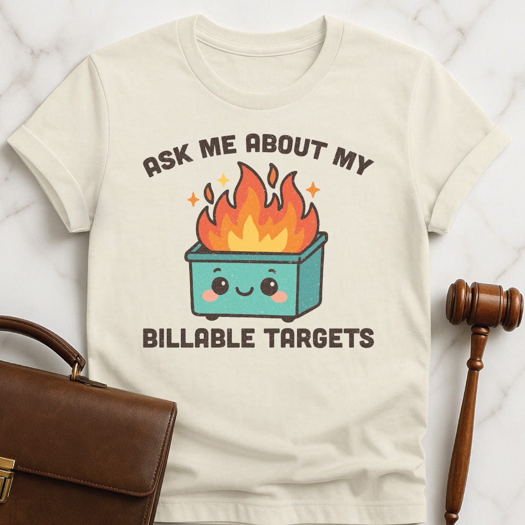 cute law grad t shirt that says ask me about my billable targets featuring a cute dumpster fire in cream