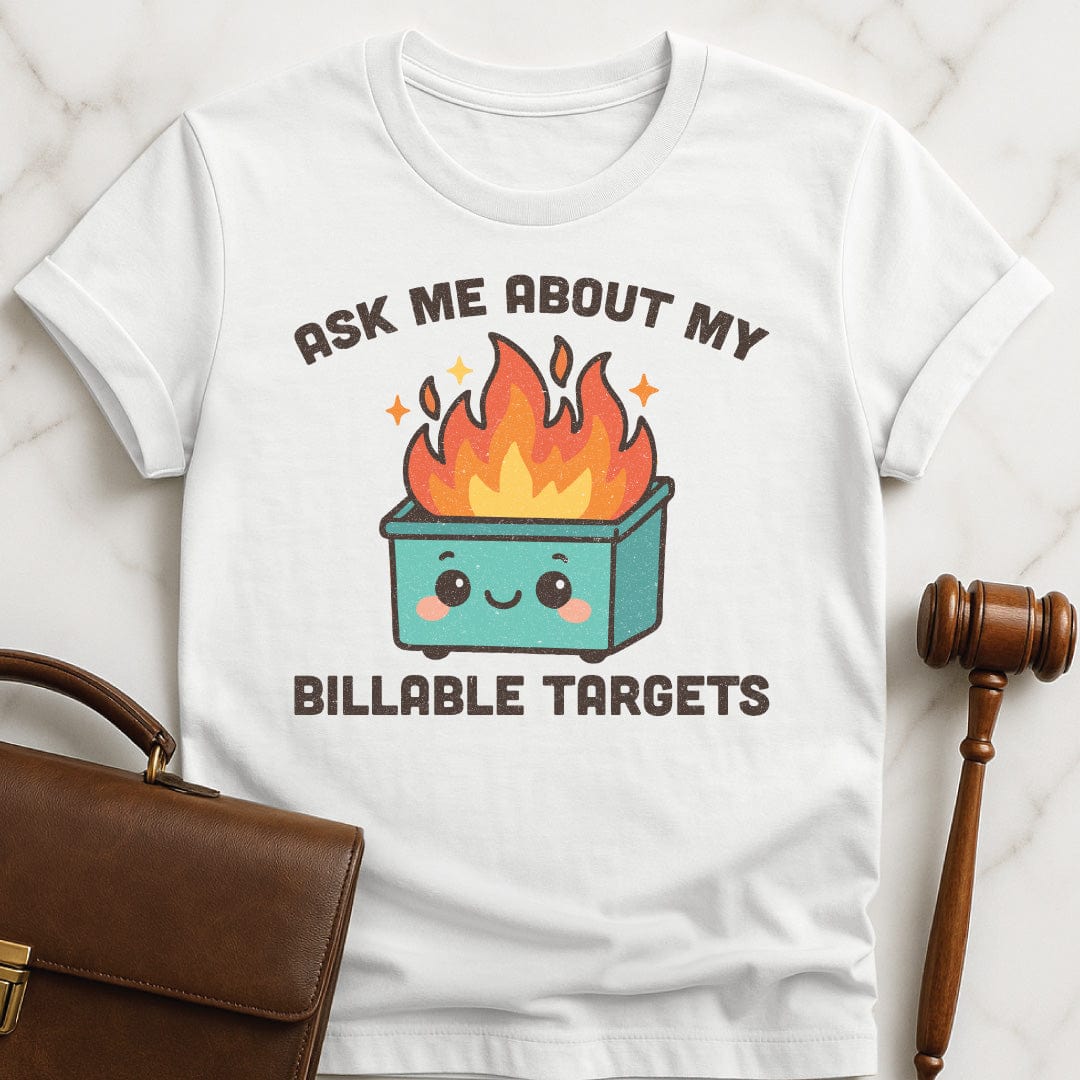 cute lawyer graphic tee that says ask me about my billable targets featuring a cute dumpster fire in white