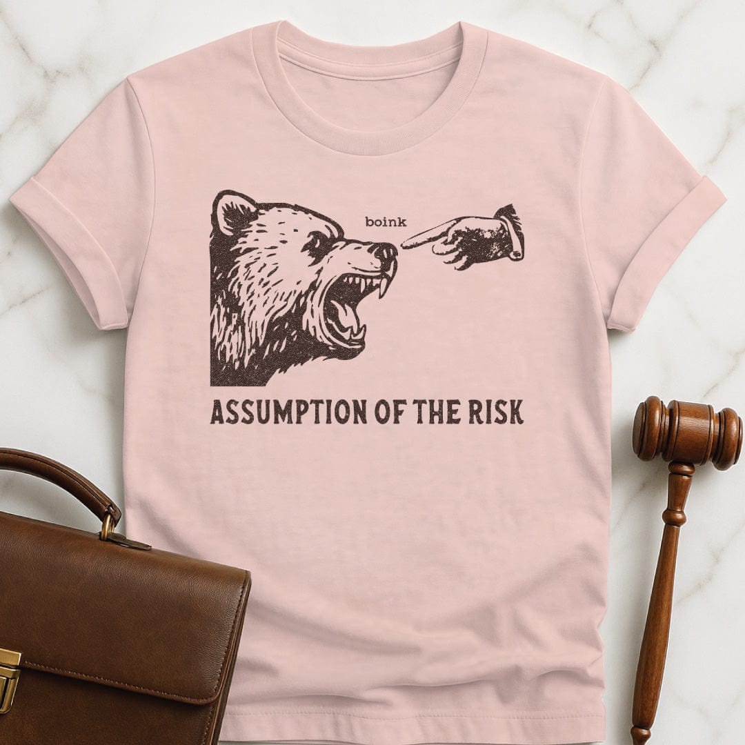 cool law grad graphic t shirt that says Assumption of the risk featuring a hand about to tap a growling bear on the nose and the text boink in pink