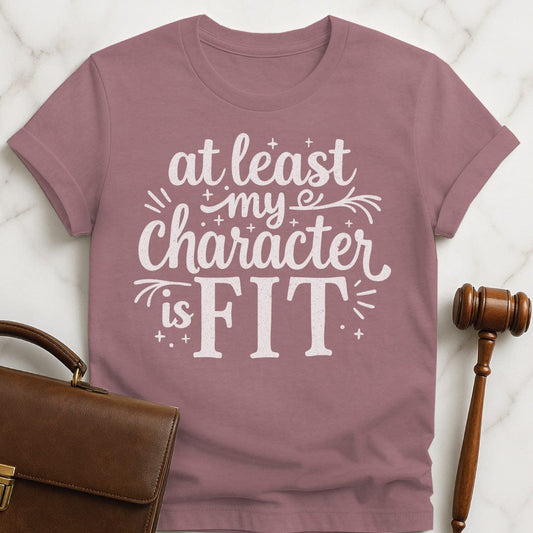 cute law school graphic t shirt that says at least my character is fit in heather mauve