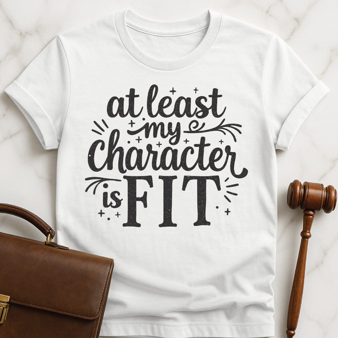 funny law student graphic t-shirt that says at least my character is fit in white