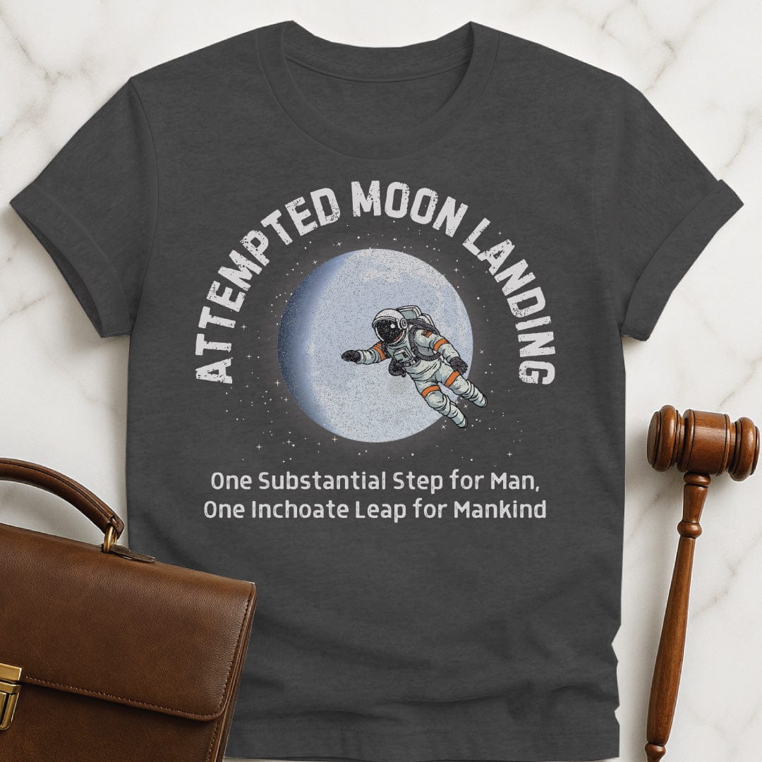 funny law graduate t-shirt that says attempted moon landing one substantial step for featuring astronaut near a moon in grey