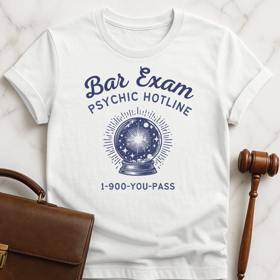 funny law graduate graphic t-shirt that says Bar Exam Psychic Hotline 1 900 You Pass featuring crystal ball in white