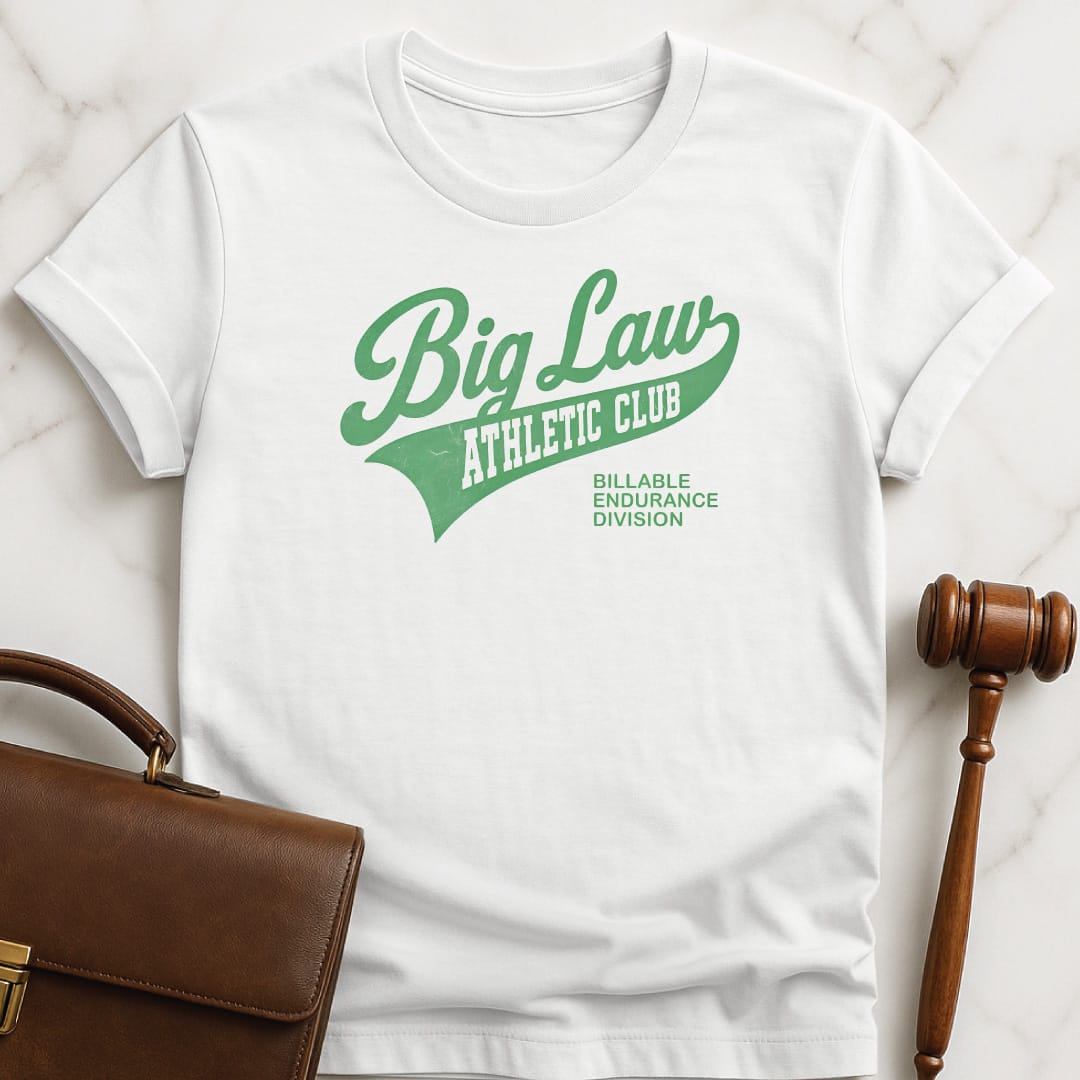 funny lawyer tshirt that says Big Law Athletics Billable Endurance Division featuring athletic font in white