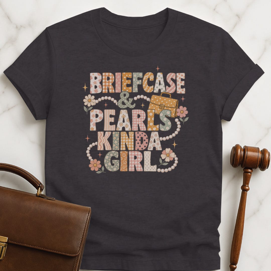 funny law grad tshirt that says briefcase and pearls kinda girl featuring patterns and briefcase and flowers and pearls in black