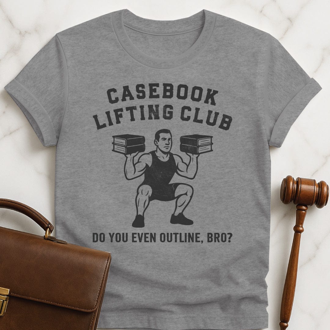 cool law school graphic tee that says Casebook Lifting Club Do you even outline bro featuring bodybuilder lifting casebooks in grey