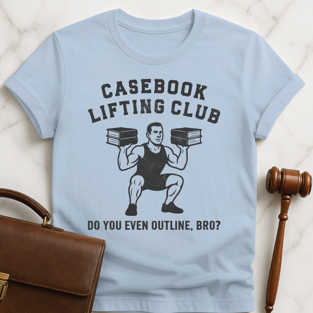 cool law school tee that says Casebook Lifting Club Do you even outline bro featuring bodybuilder lifting casebooks in blue
