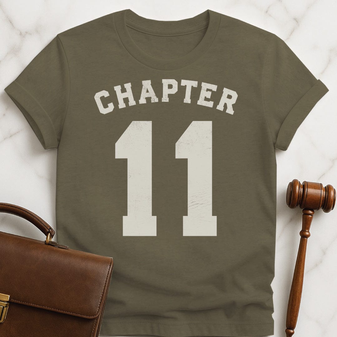 funny new attorney graphic tshirt that says Chapter 11 in heather green