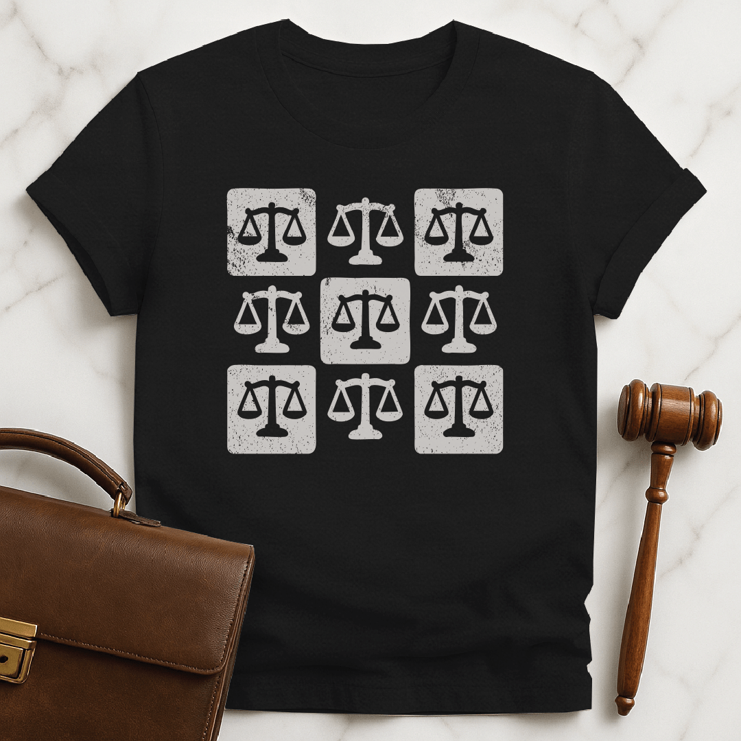 trendy law grad t shirt featuring checkered scales of justice in black