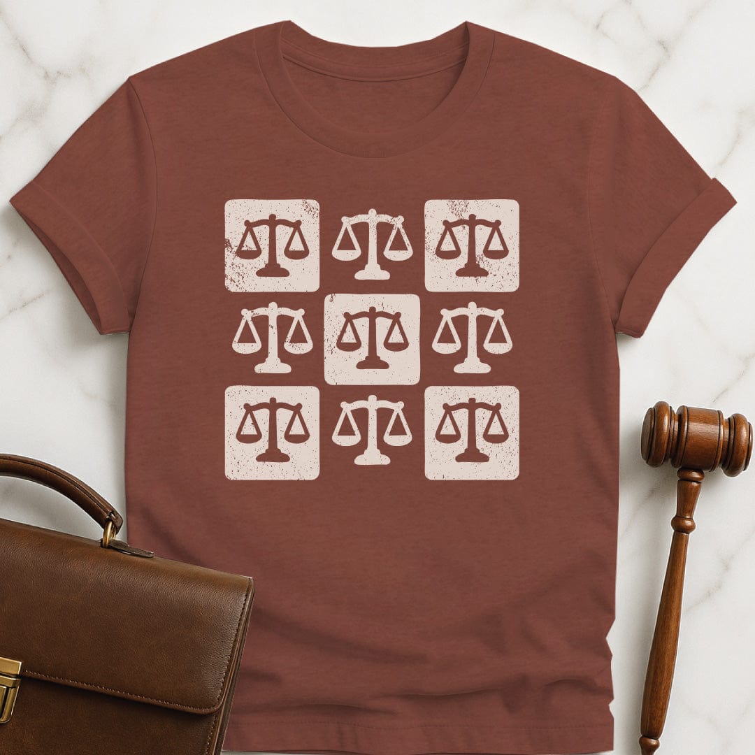 trendy law school tee featuring checkered scales of justice in heather brown