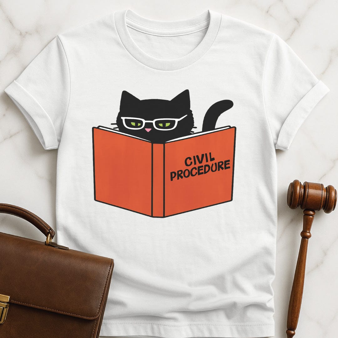 cute law school graphic t shirt that says civ pro cat featuring a black cat reading a civil procedure case book in white