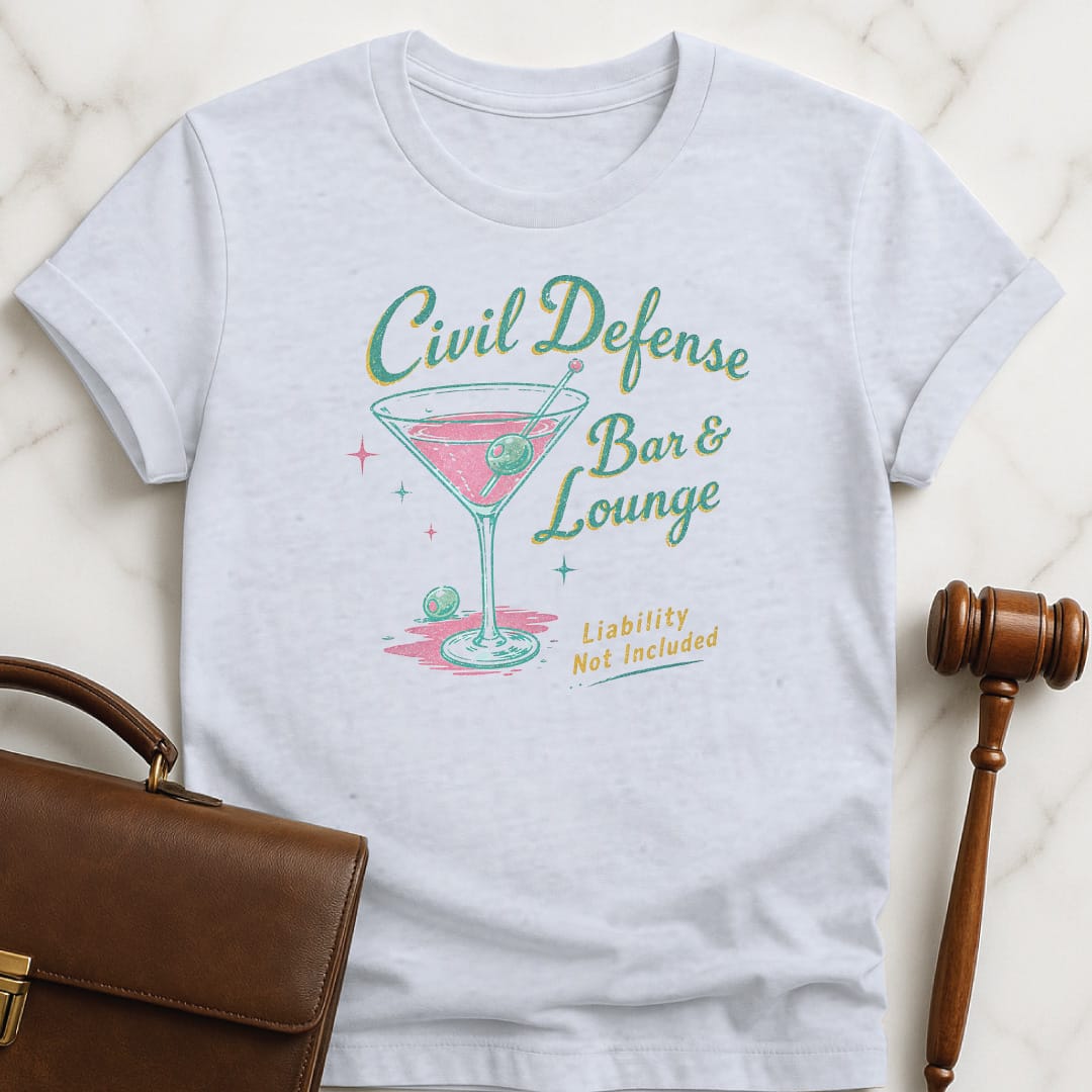 funny law graduate graphic tshirt that says Civil Defense Bar and lounge liability not included featuring martini in grey