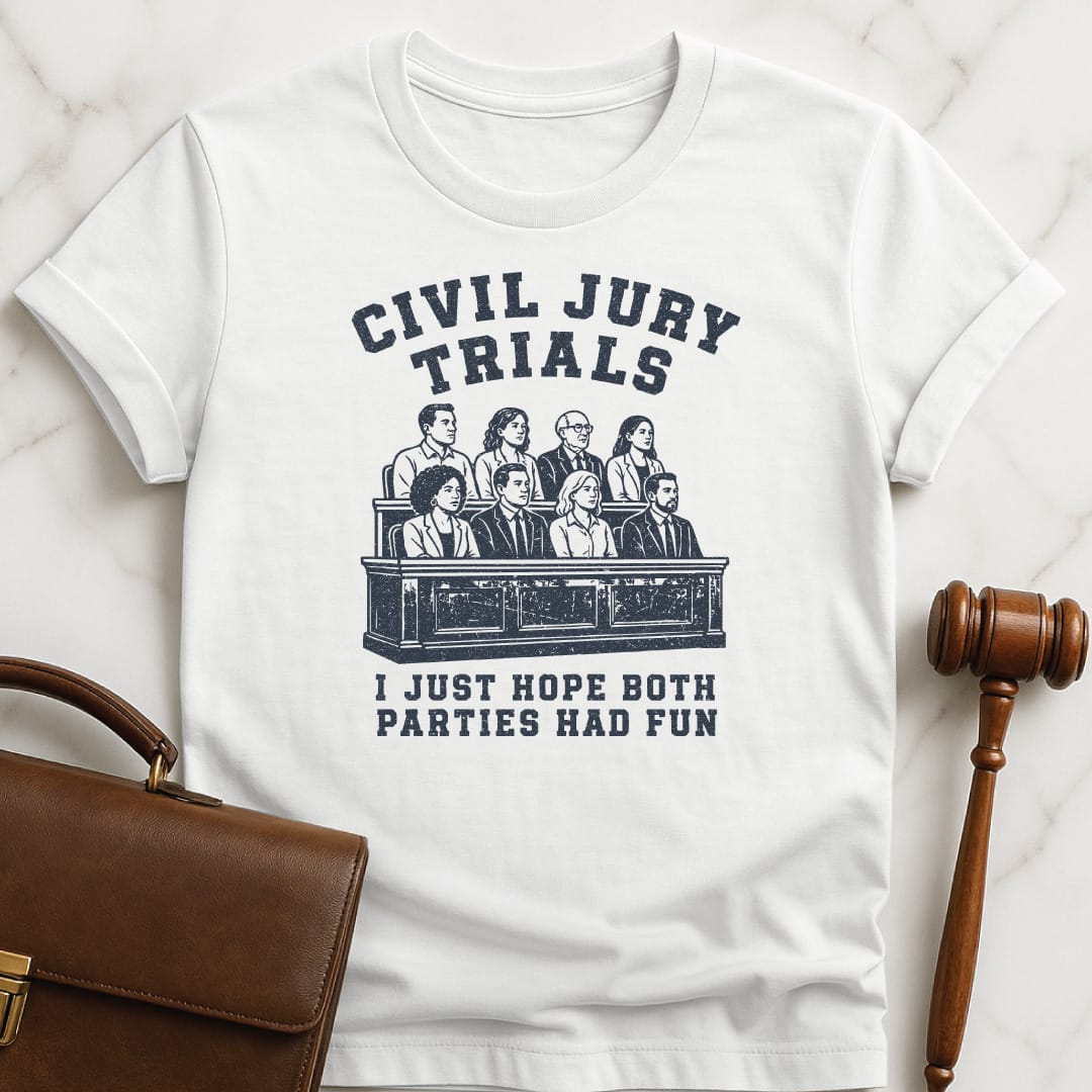 funny law school tshirt that says civil jury trials I just hope both parties had fun featuring jury in white