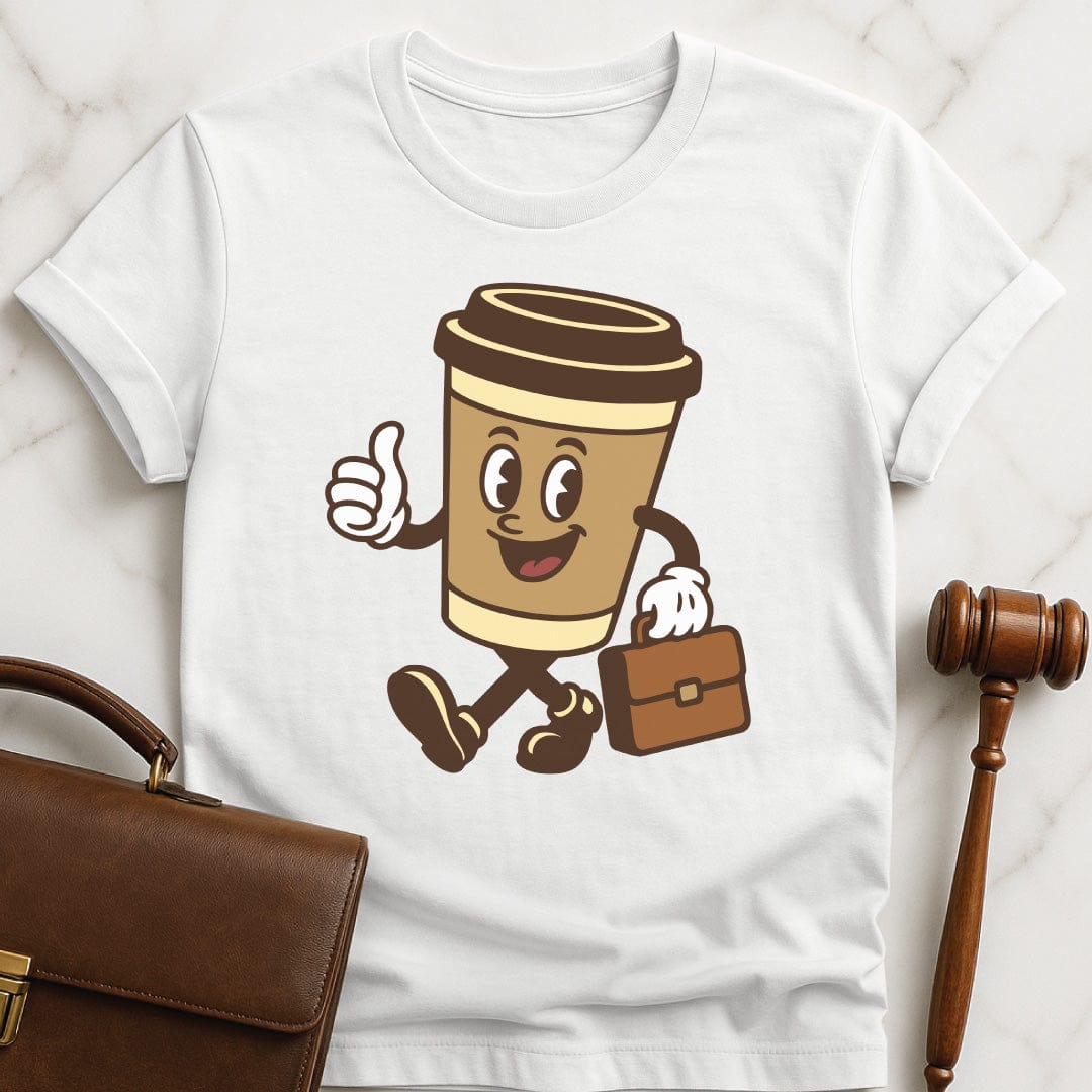funny lawyer graphic tee that says coffee lawyer featuring a coffee cup carrying a briefcase in white