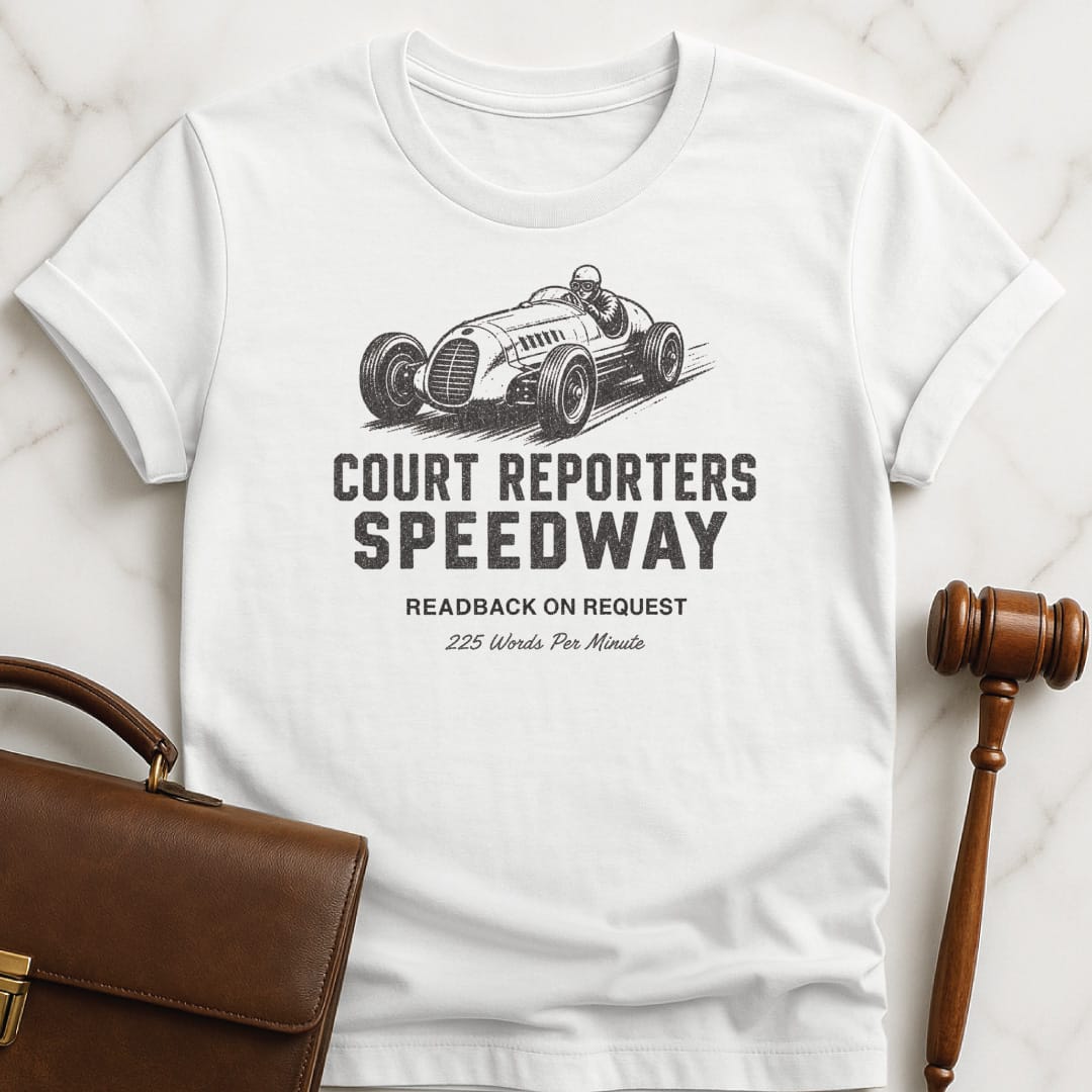 funny lawyer t-shirt that says Court reporters speedway 225 words per minute readback on request featuring old fashioned race car in white