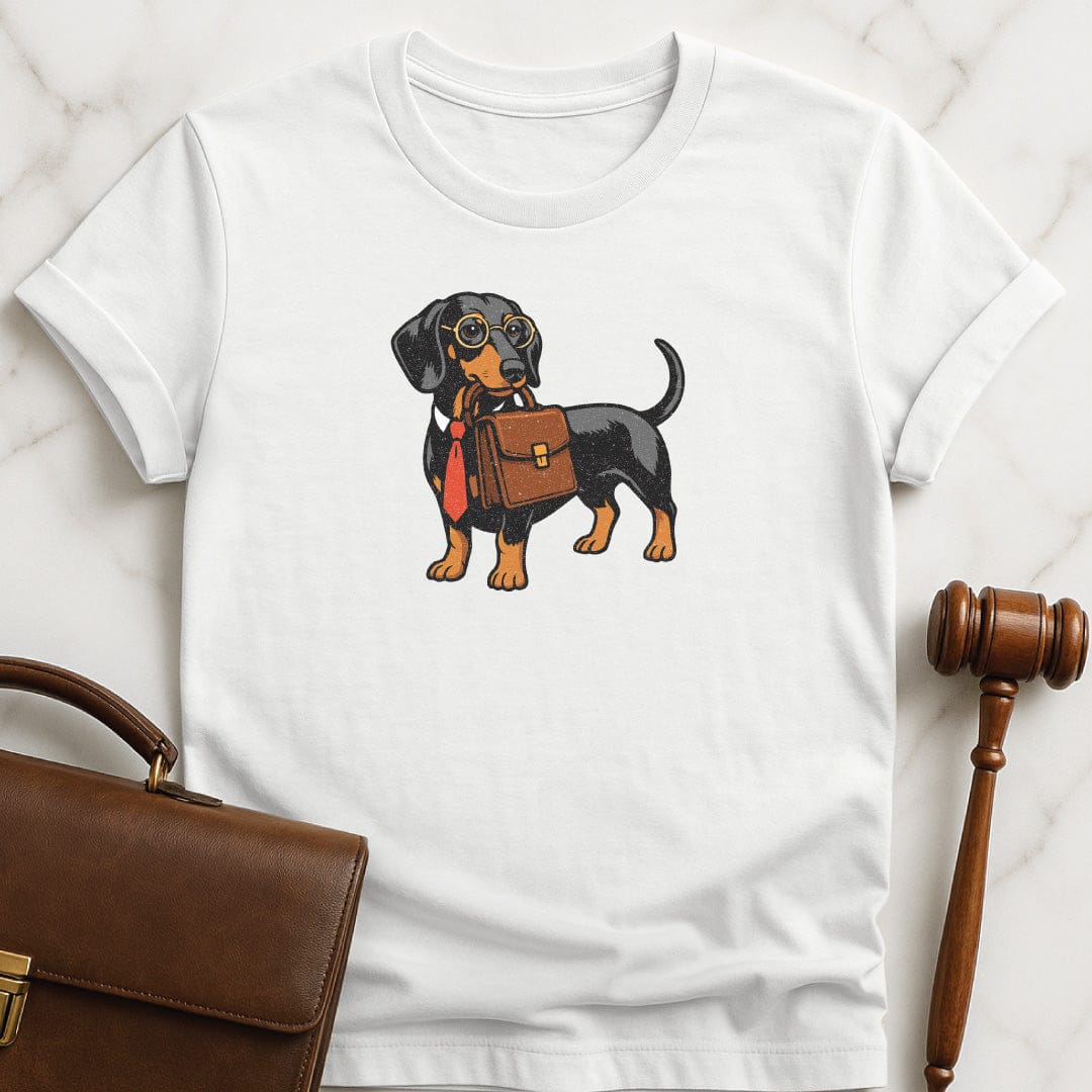 cute new attorney tshirt featuring dachshund dog lawyer carrying a briefcase and wearing a tie in white