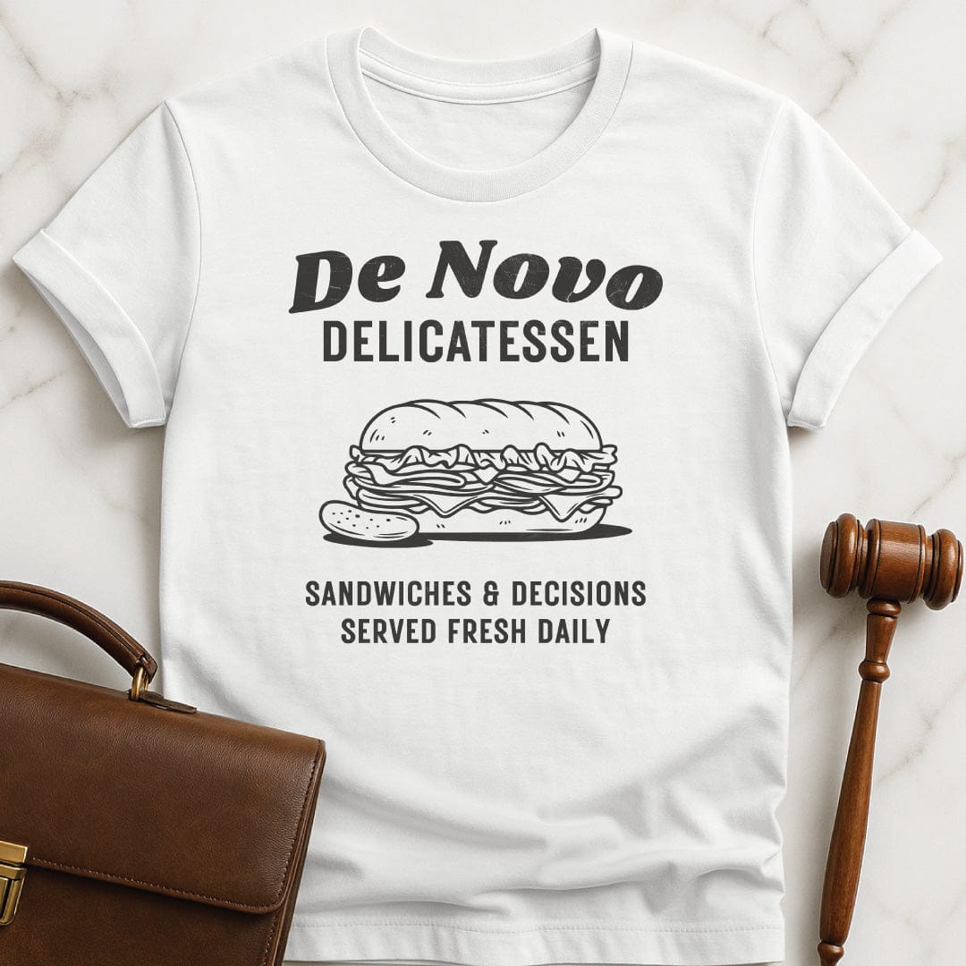 funny law student graphic tshirt that says De Novo Delicatessen sandwiches and decisions served fresh daily featuring deli sandwich in white