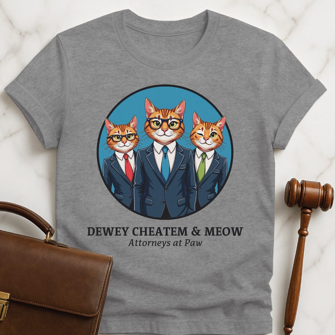cool law grad graphic t shirt that says dewey cheatem and meow attorneys at paw featuring three cats dressed as lawyers in a circle in grey
