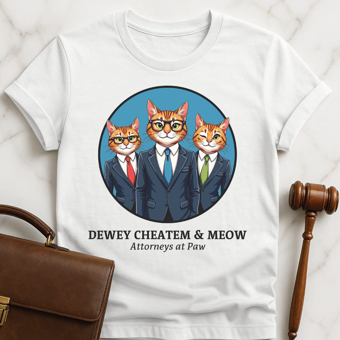funny law school grad graphic t-shirt that says dewey cheatem and meow attorneys at paw featuring three cats dressed as lawyers in a circle in white
