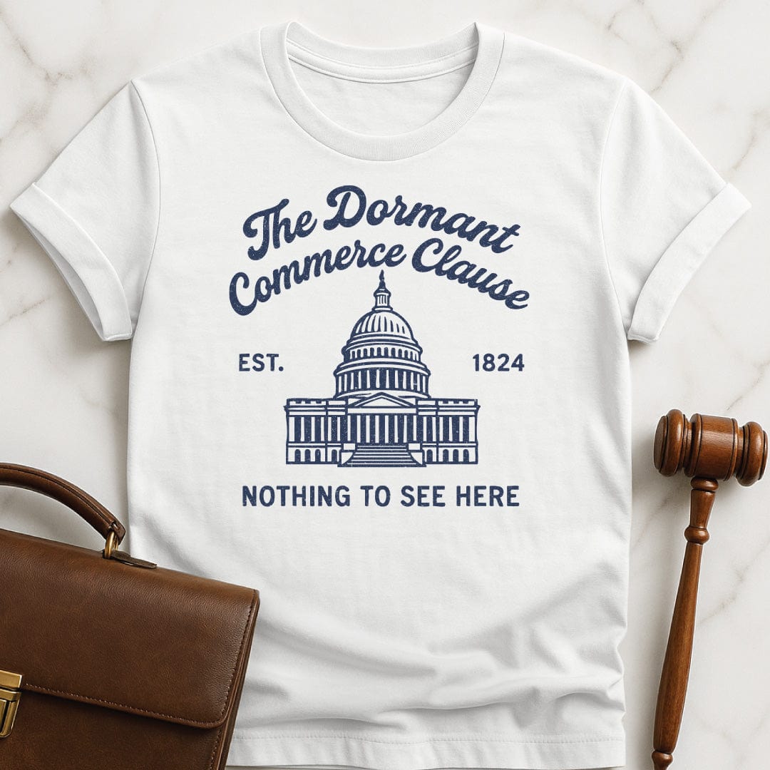 funny law graduate graphic t-shirt that says Commerce Clause Scenic Overlook All streams lead to congress featuring wilderness with a plane truck and train in white
