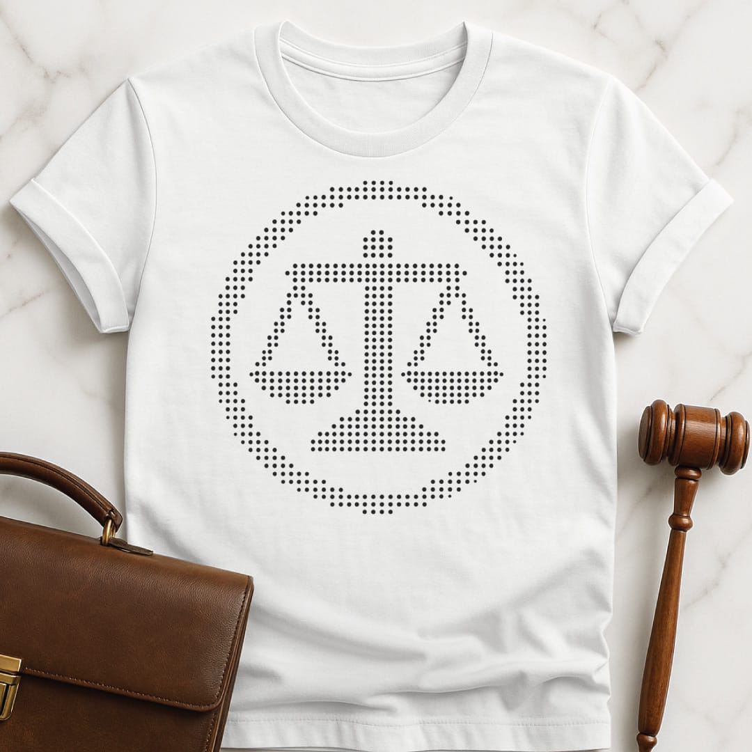 trendy new attorney graphic tee that says scales of justice in a circle with dots in white