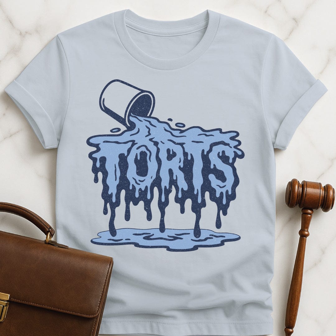 funny law graduate graphic tshirt that says torts featuring water dripping from the word Torts in blue