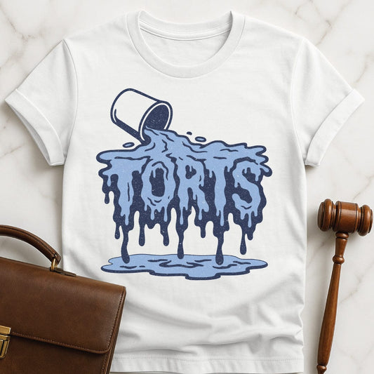 cute law school graduate graphic tee that says torts featuring water dripping from the word Torts in white