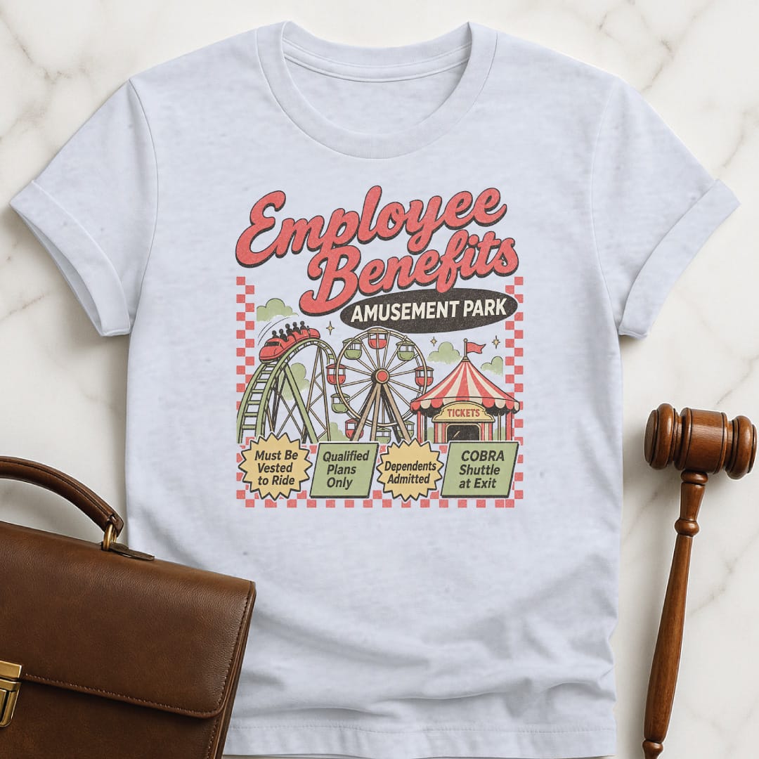 cool attorney t shirt that says employee benefits amusement park must be vested featuring roller coaster and ferris wheel and tickets tent in grey