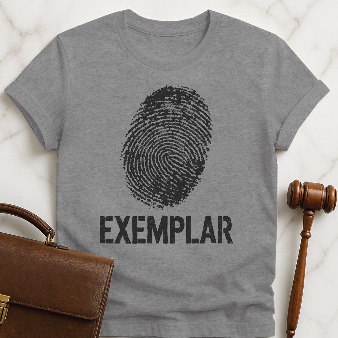 trendy new lawyer graphic tee that says Exemplar featuring fingerprint in grey