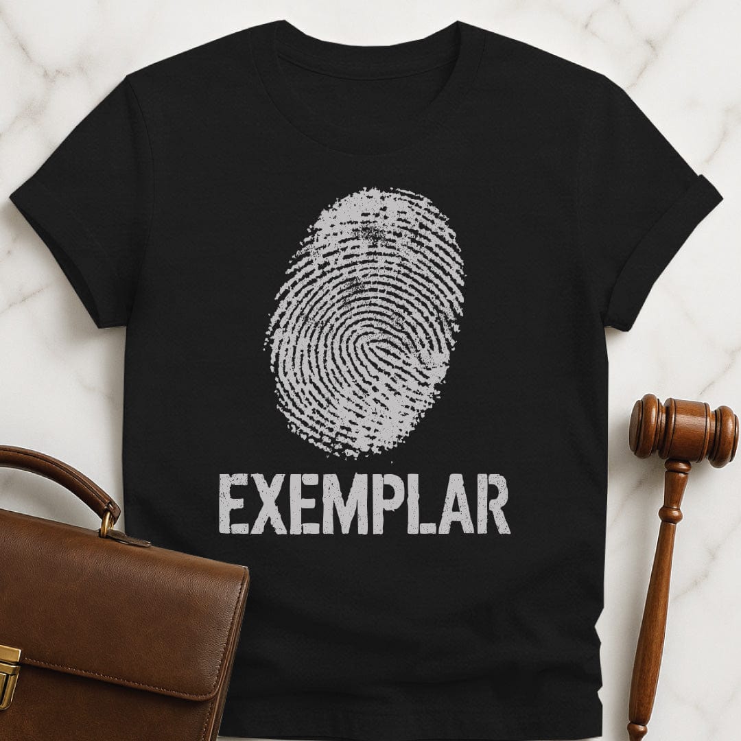 trendy law grad graphic t shirt that says Exemplar featuring fingerprint in black