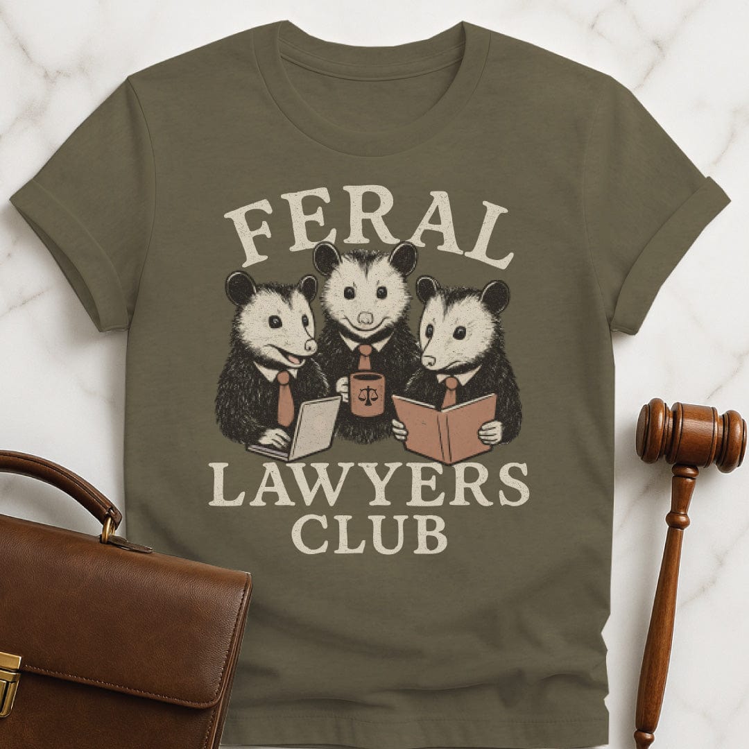 funny law school graduate tee that says feral lawyers club featuring three possums in business suits and a briefcase in heather green