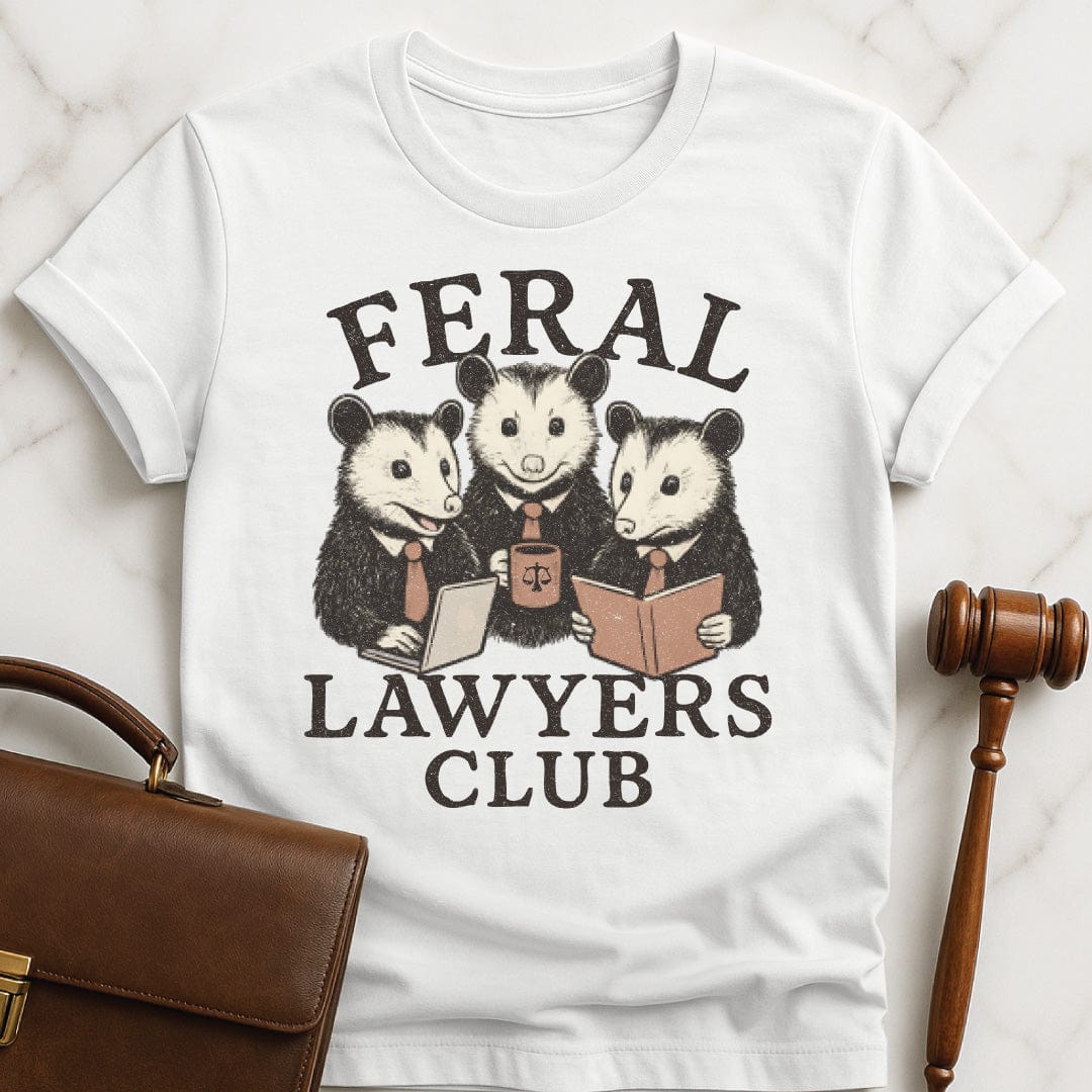 funny lawyer graphic tee that says feral lawyers club featuring three possums in business suits and a briefcase in white