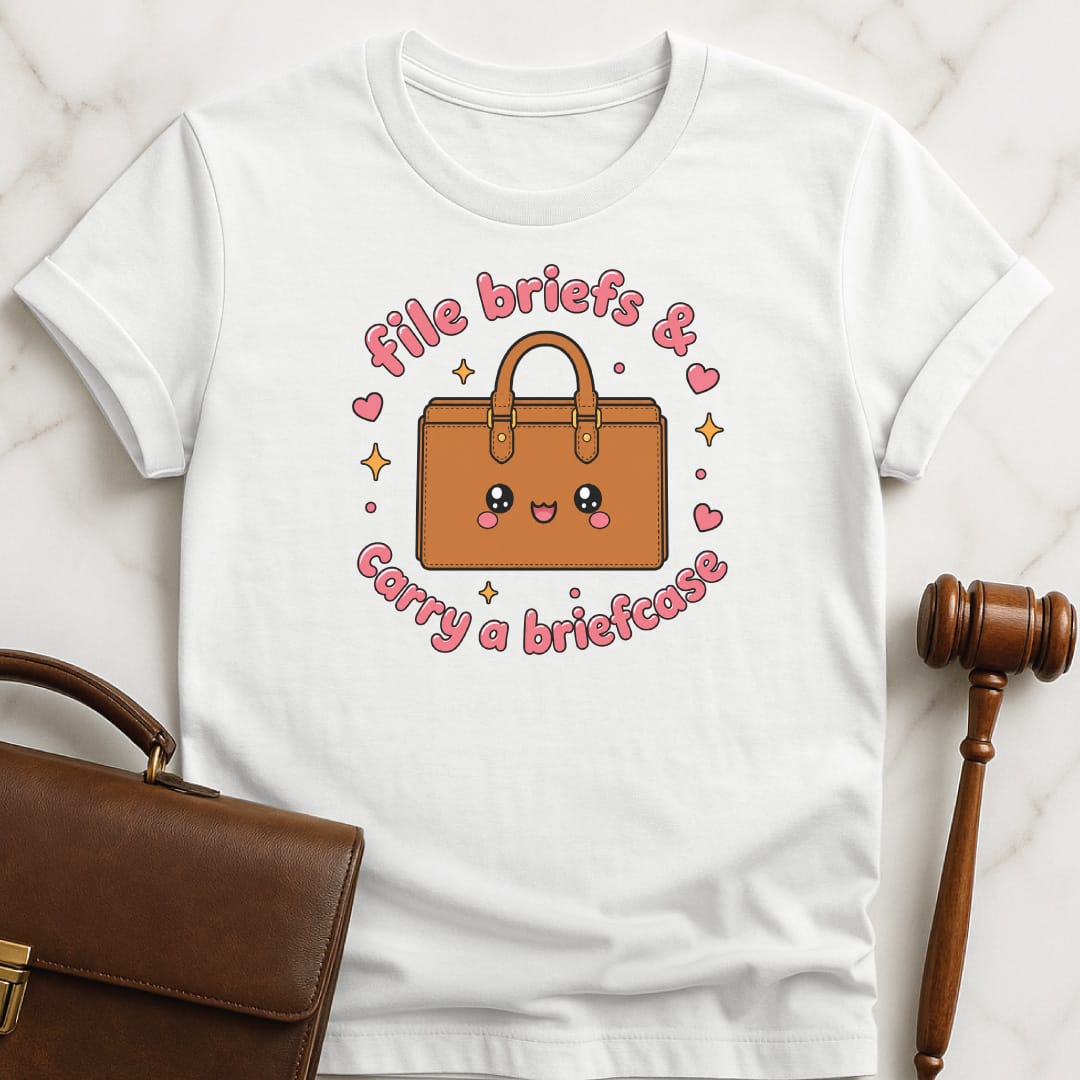 cute law school graduate t-shirt that says File briefs and carry a briefcase featuring kawaii briefcase with stars and hearts in white