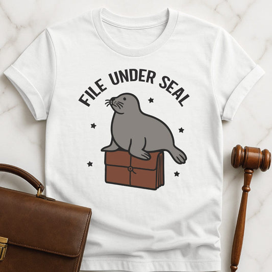 funny lawyer graphic tee that says file under seal featuring a seal sitting on top of a redwell in white