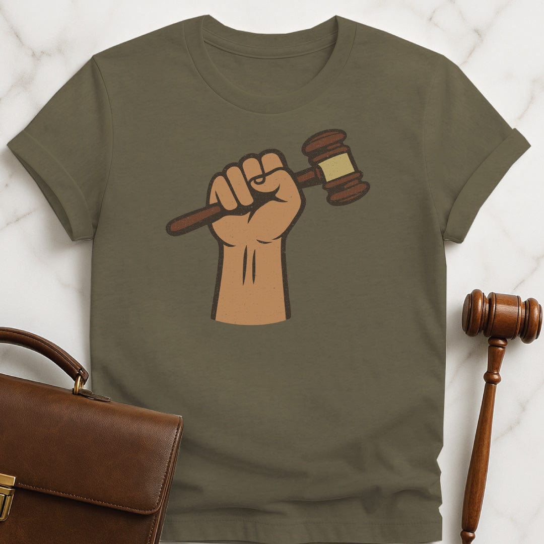 cool lawyer t shirt featuring a fist holding a gavel in heather green