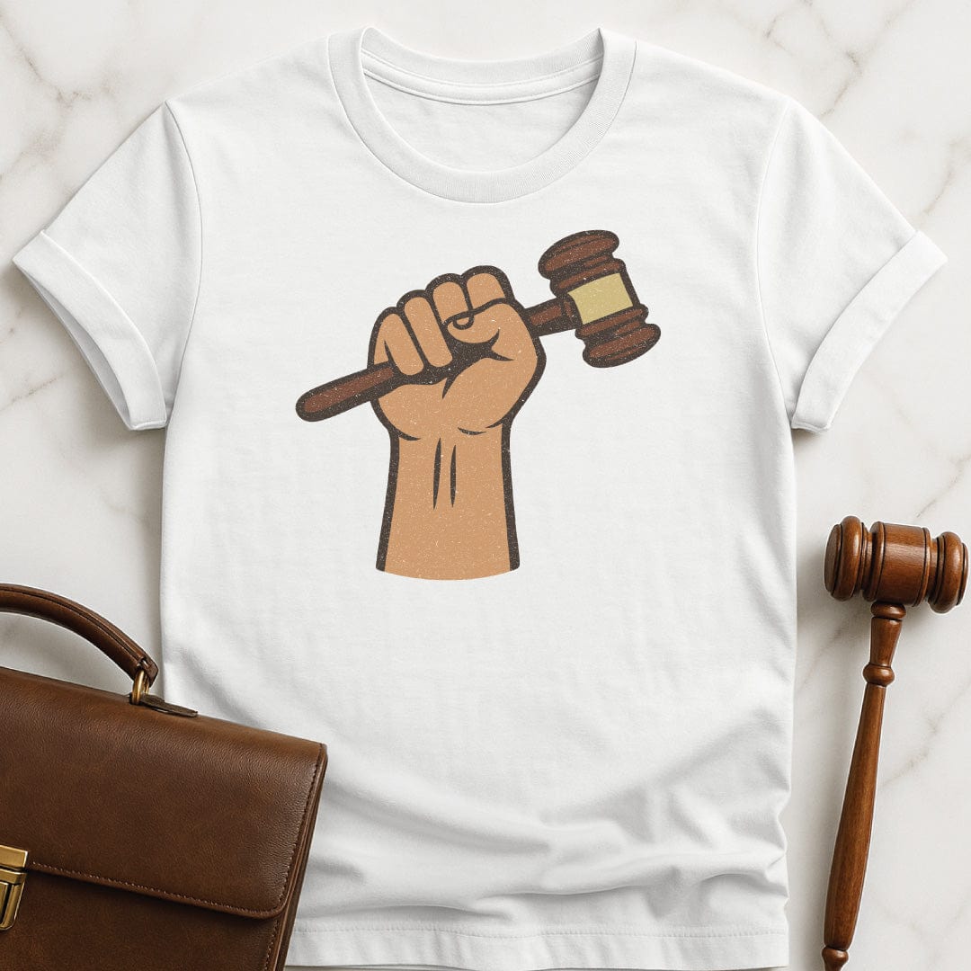 cool law graduate t-shirt featuring a fist holding a gavel in white