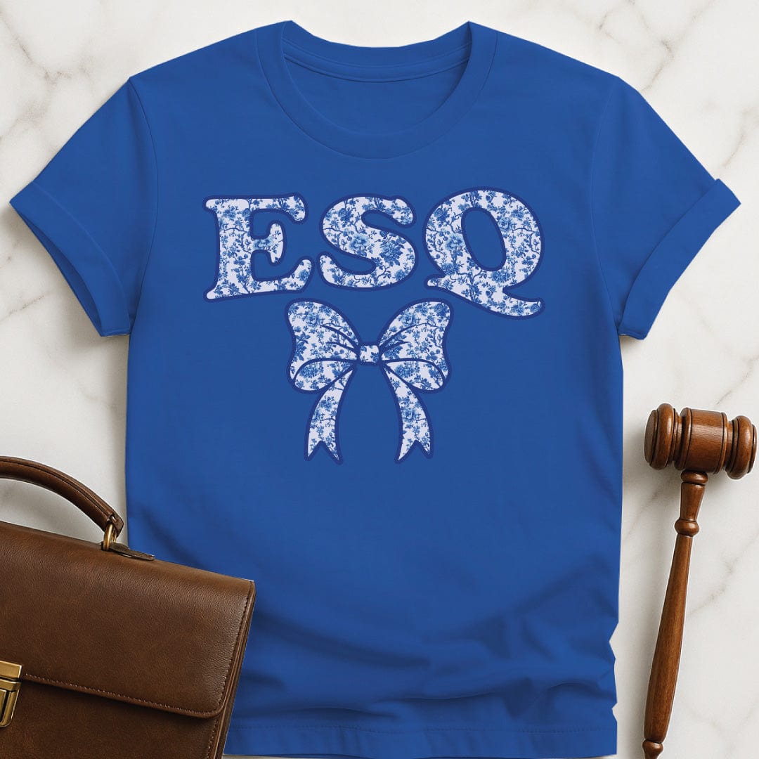 cute new attorney tshirt that says Esq featuring a blue floral pattern in blue