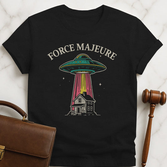 cool new lawyer graphic tee that says force majeure featuring a UFO saucer zapping a house in black