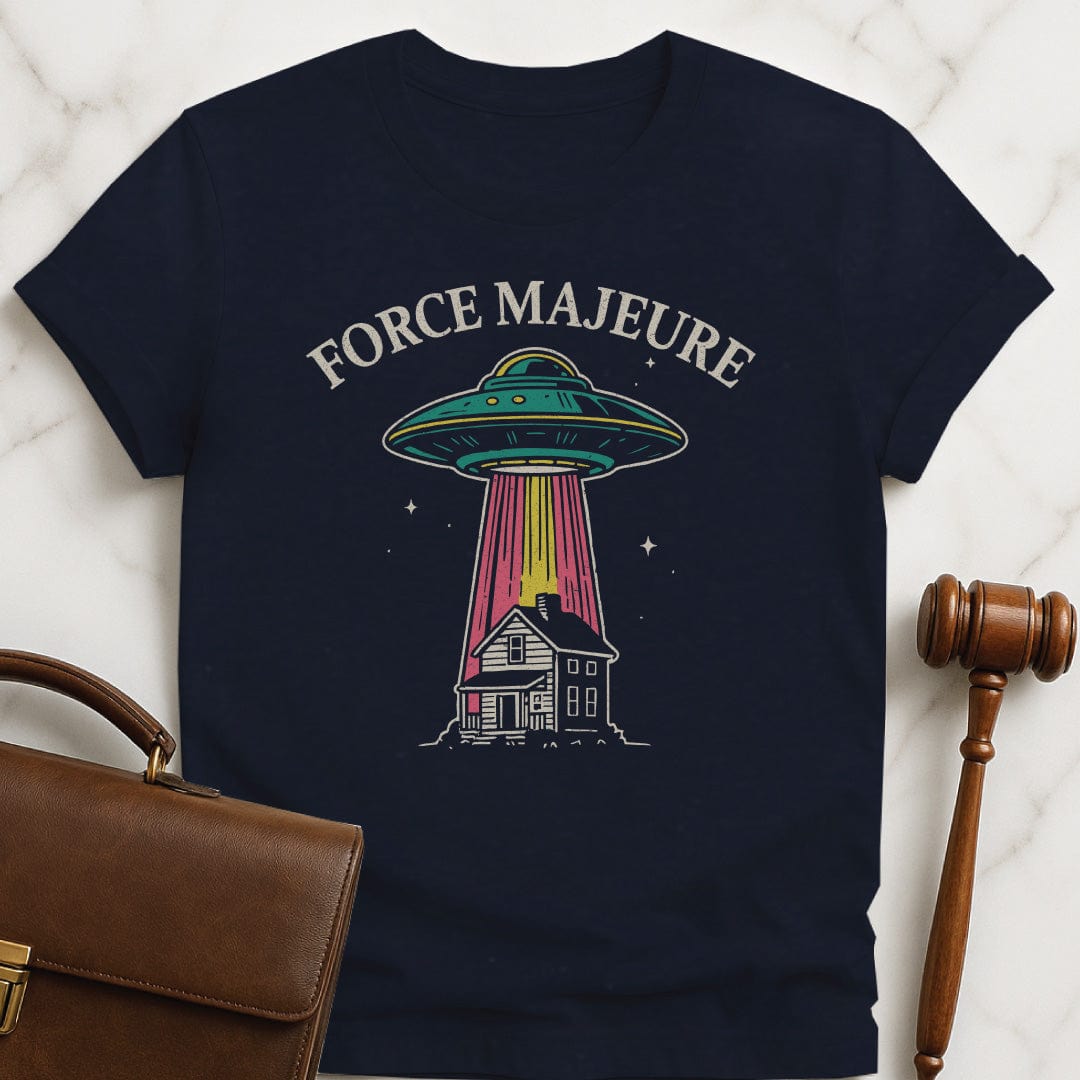 cool law grad graphic t shirt that says force majeure featuring a UFO saucer zapping a house in blue