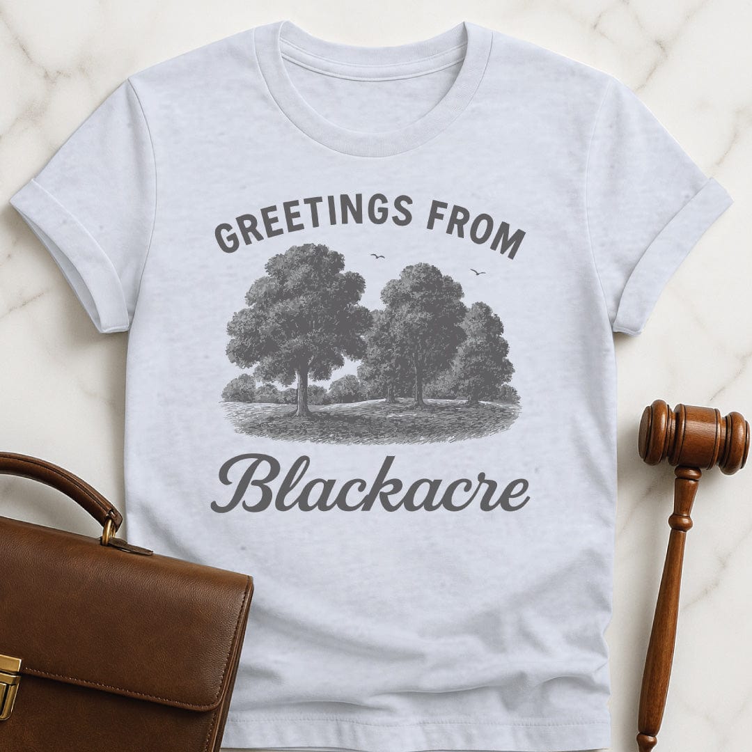 nerdy law school t shirt that says greetings from blackacre featuring meadow with trees in grey