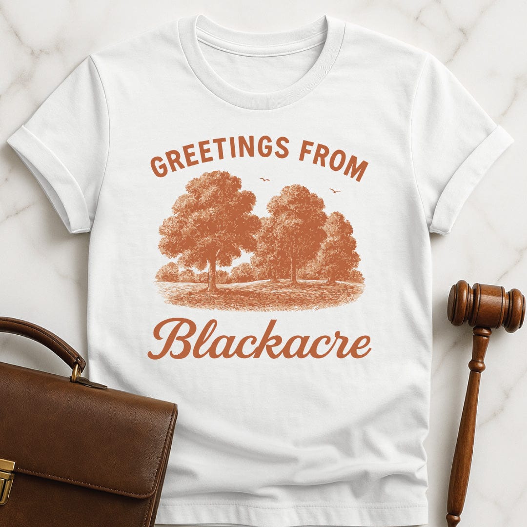 nerdy law school graduate tee that says greetings from blackacre featuring meadow with trees in white