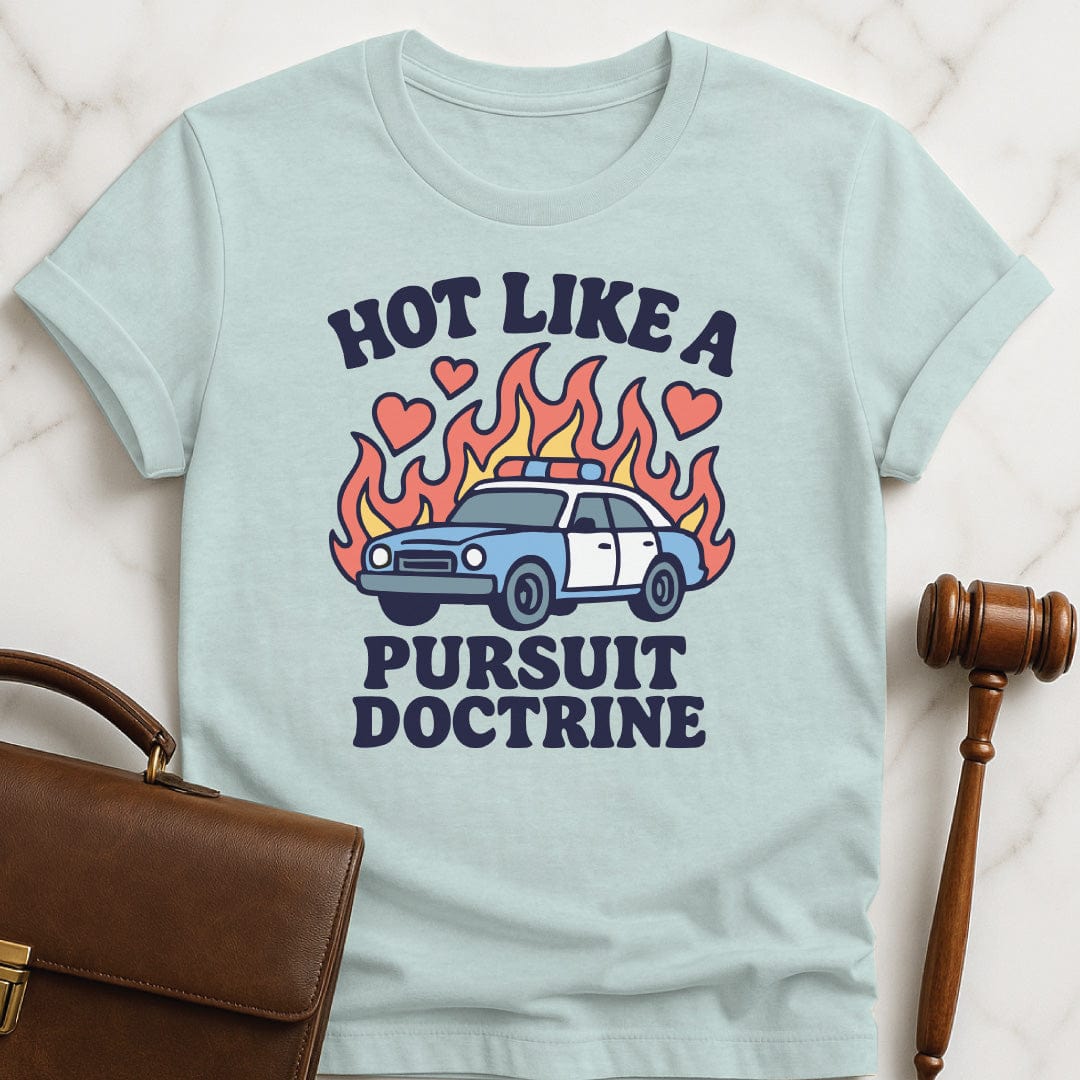 funny new lawyer graphic tee that says Hot like a pursuit featuring police car with flames and hearts in heather blue