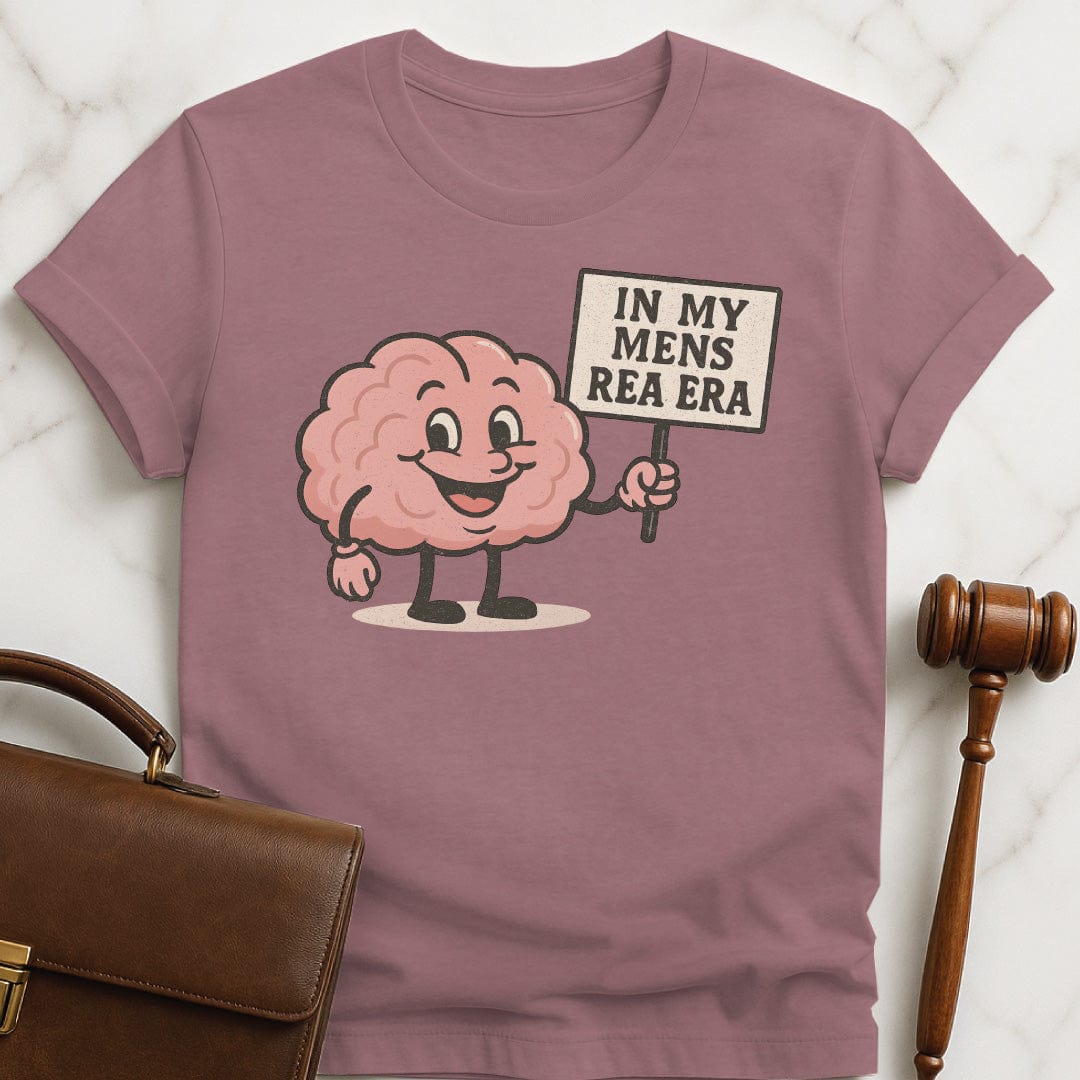 funny law school graphic t shirt that says in my mens rea era featuring a cute vintage brain holding up a sign in heather mauve
